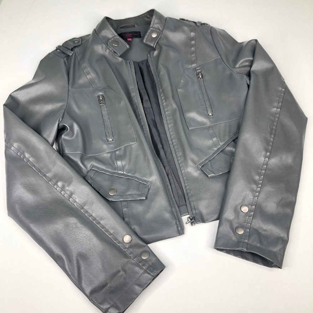 Gray Faux Leather Motorcycle Jacket Size Large Winter Streetwear Biker